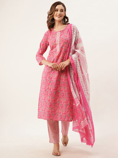 Odette Women Pink Printed Cotton Stitched Kurta Set