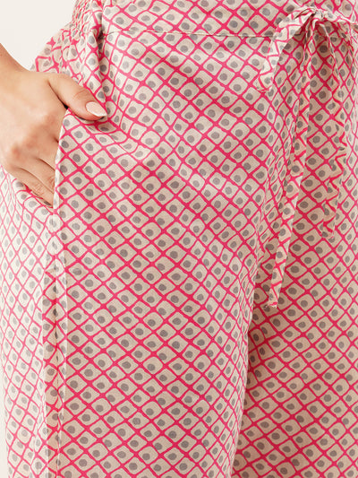 Odette Women Pink Printed Cotton Stitched Kurta Set