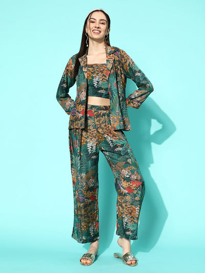 Odette Muslin All Over Flora & Fauna Print Teal Straight Co-Ord Set For Women With Shrug