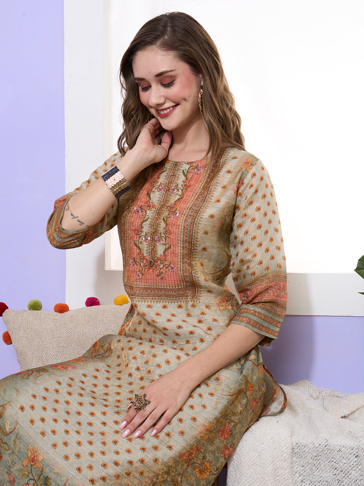 Odette Muslin All Over Floral Print Multi Straight Stitched Kurta Set For Women