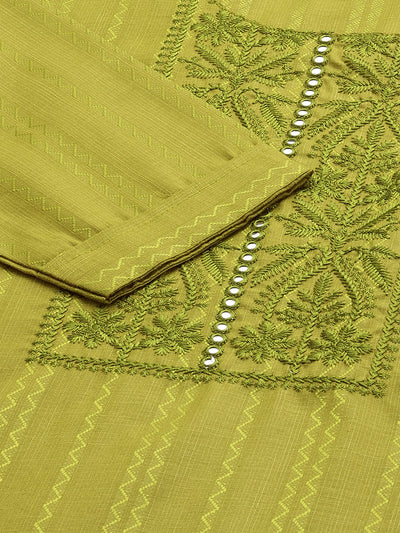 Odette Women Green Embroidered Cotton Stitched Kurta Set