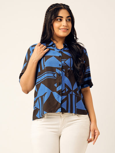 Odette Blue & Black Cotton Printed Shirt For Women