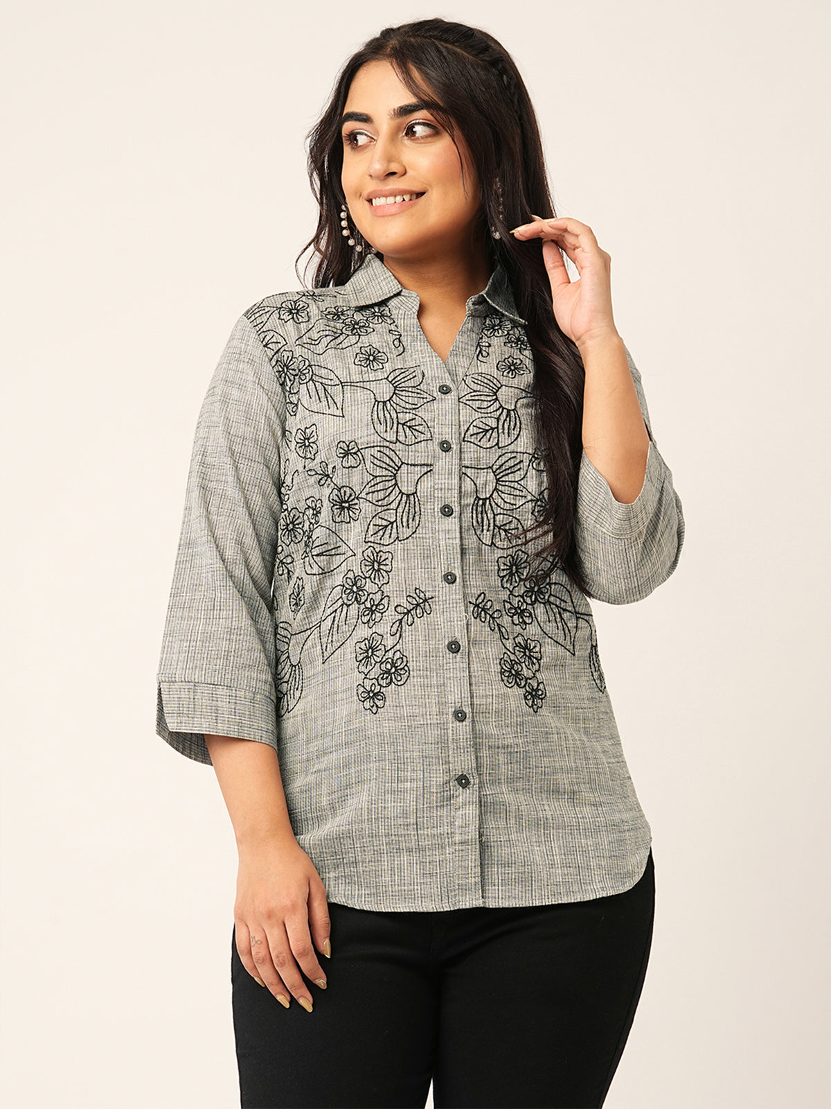Odette Grey Cotton Embroidered Shirt For Women
