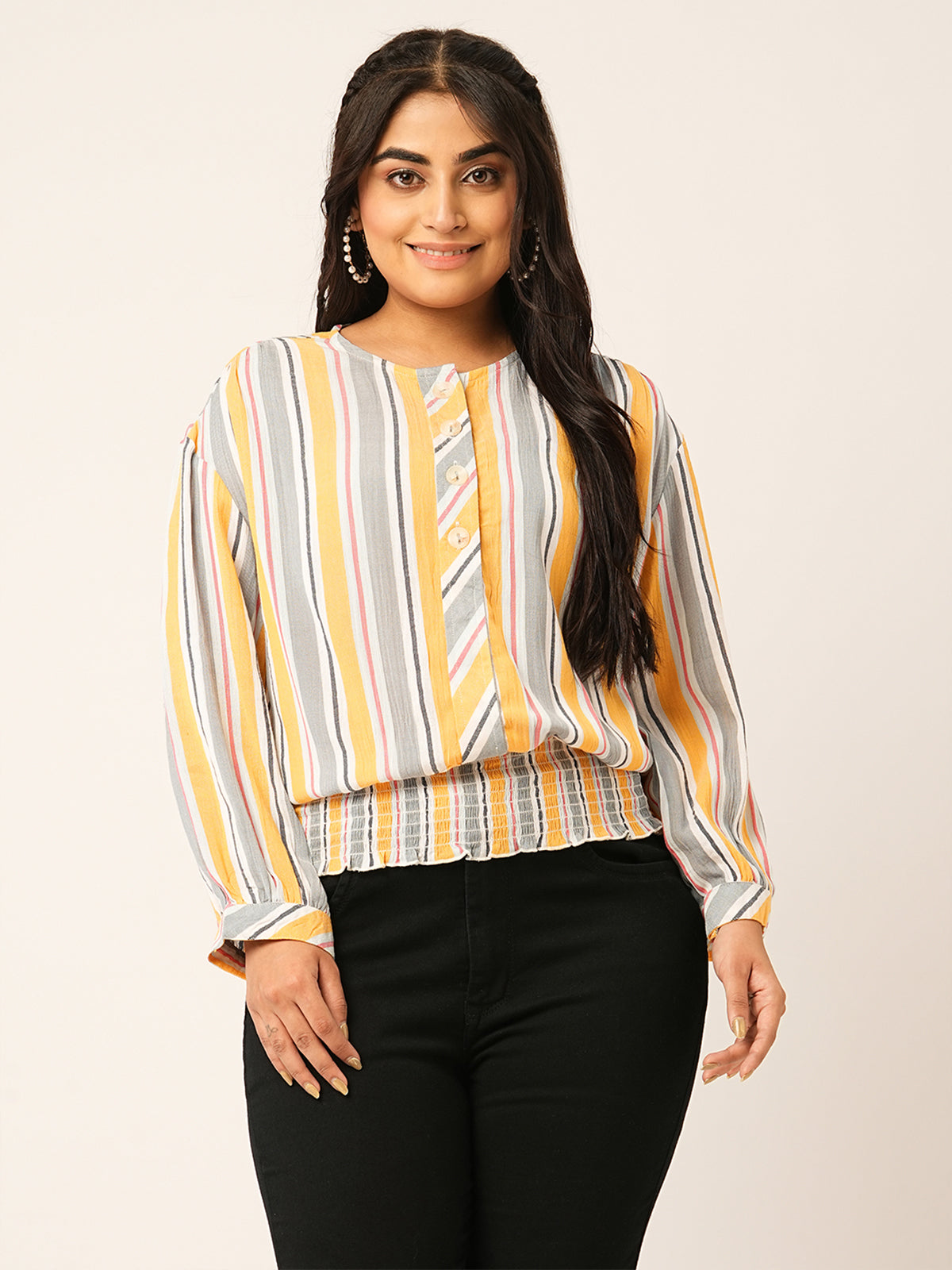 Odette Mustard Cotton Printed Top For Women