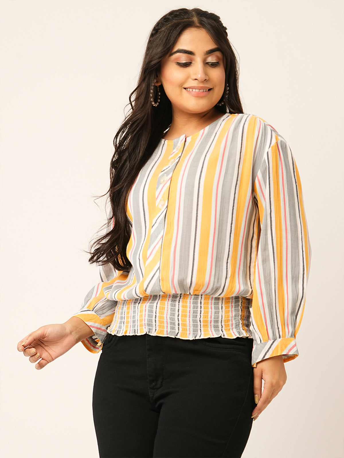 Odette Mustard Cotton Printed Top For Women
