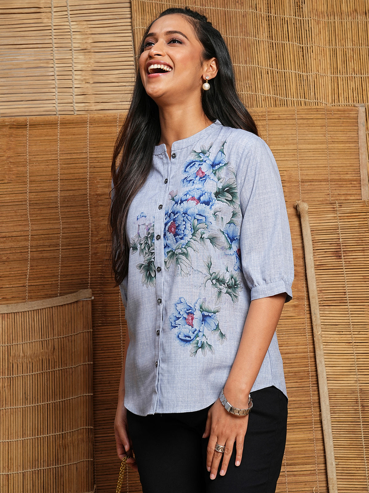 Odette Blue Cotton Printed Shirt For Women