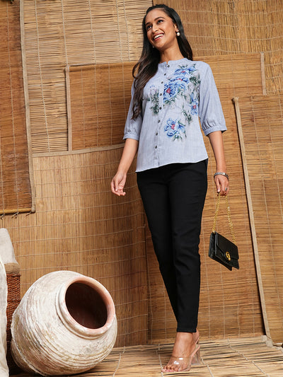 Odette Blue Cotton Printed Shirt For Women