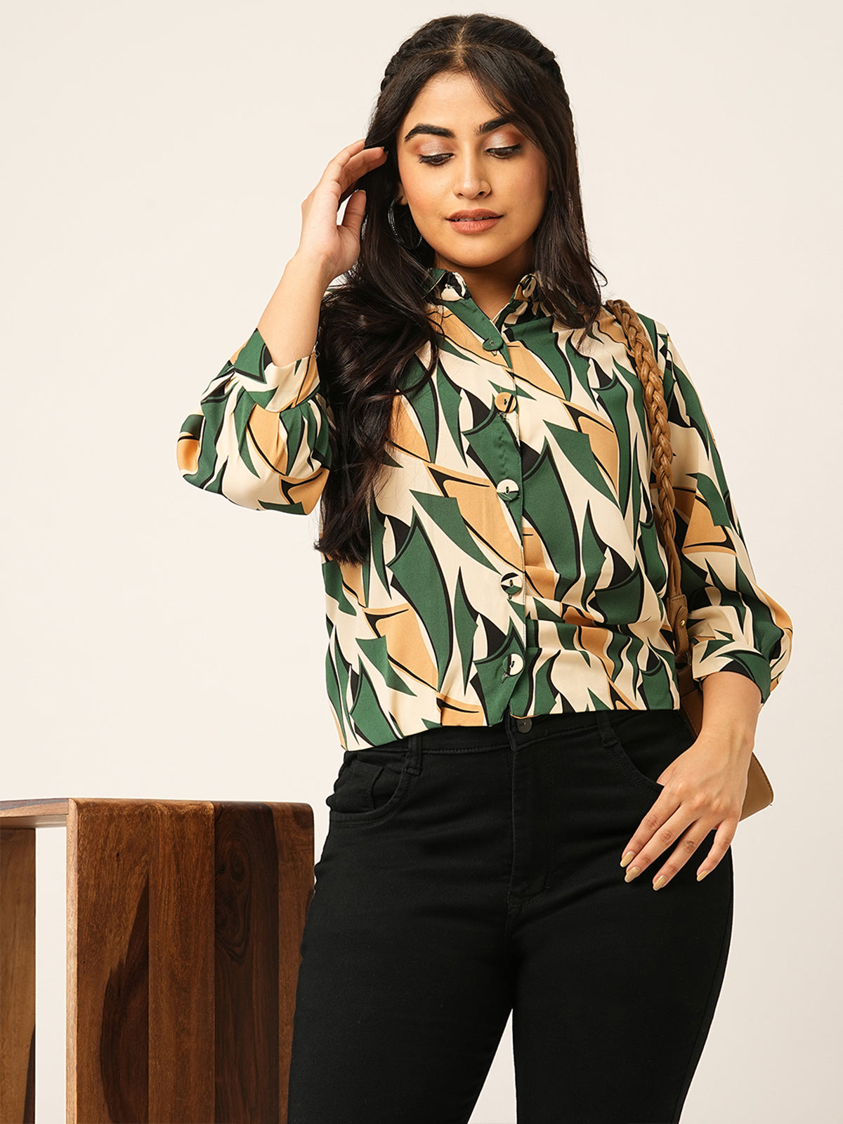 Odette Green Synthetic Printed Stitched Shirt For Women
