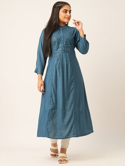 Odette Teal Solid Rayon Stitched Kurta for Women