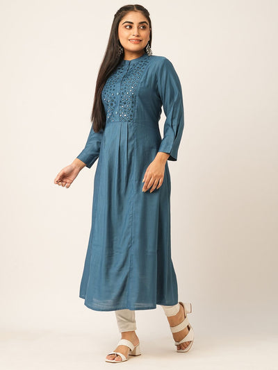 Odette Teal Solid Rayon Stitched Kurta for Women