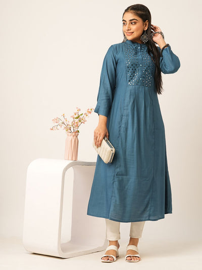 Odette Teal Solid Rayon Stitched Kurta for Women