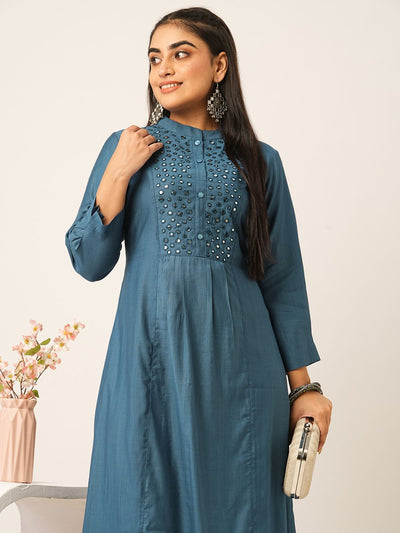 Odette Teal Solid Rayon Stitched Kurta for Women