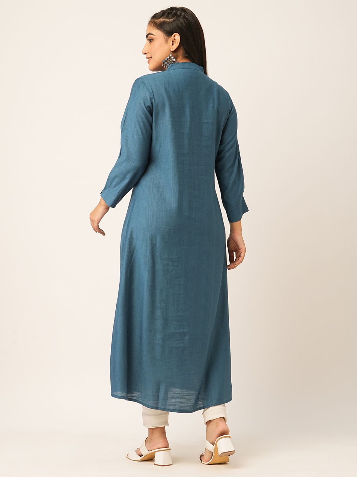 Odette Teal Solid Rayon Stitched Kurta for Women