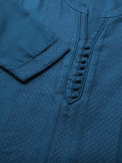 Odette Blue Embroidered Chanderi Silk Stitched Kurta for Women