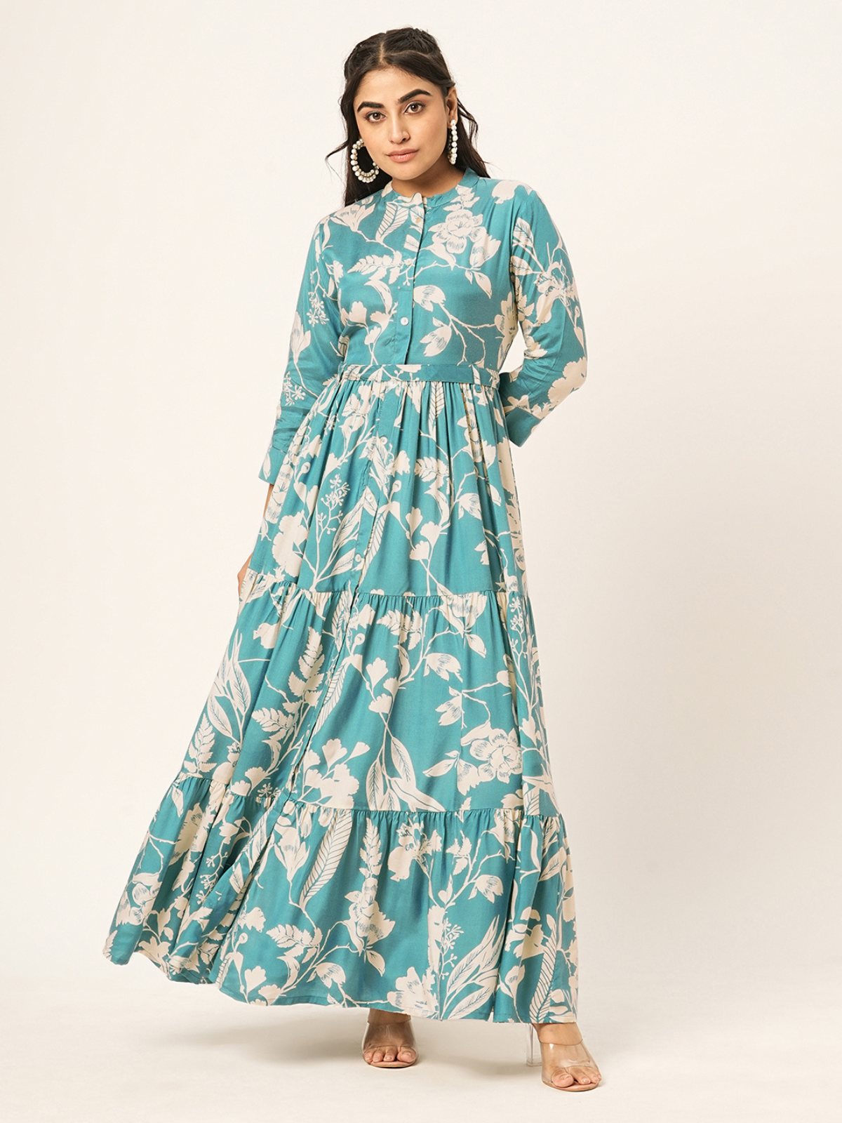 Odette Blue Muslin Printed Indo Western Dress For Women