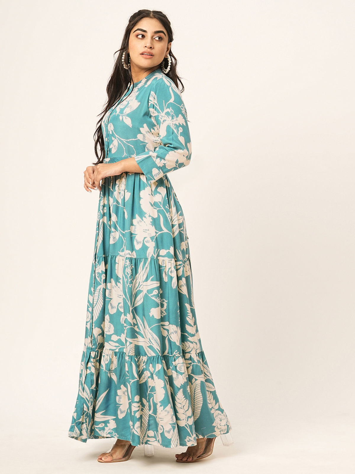 Odette Blue Muslin Printed Indo Western Dress For Women