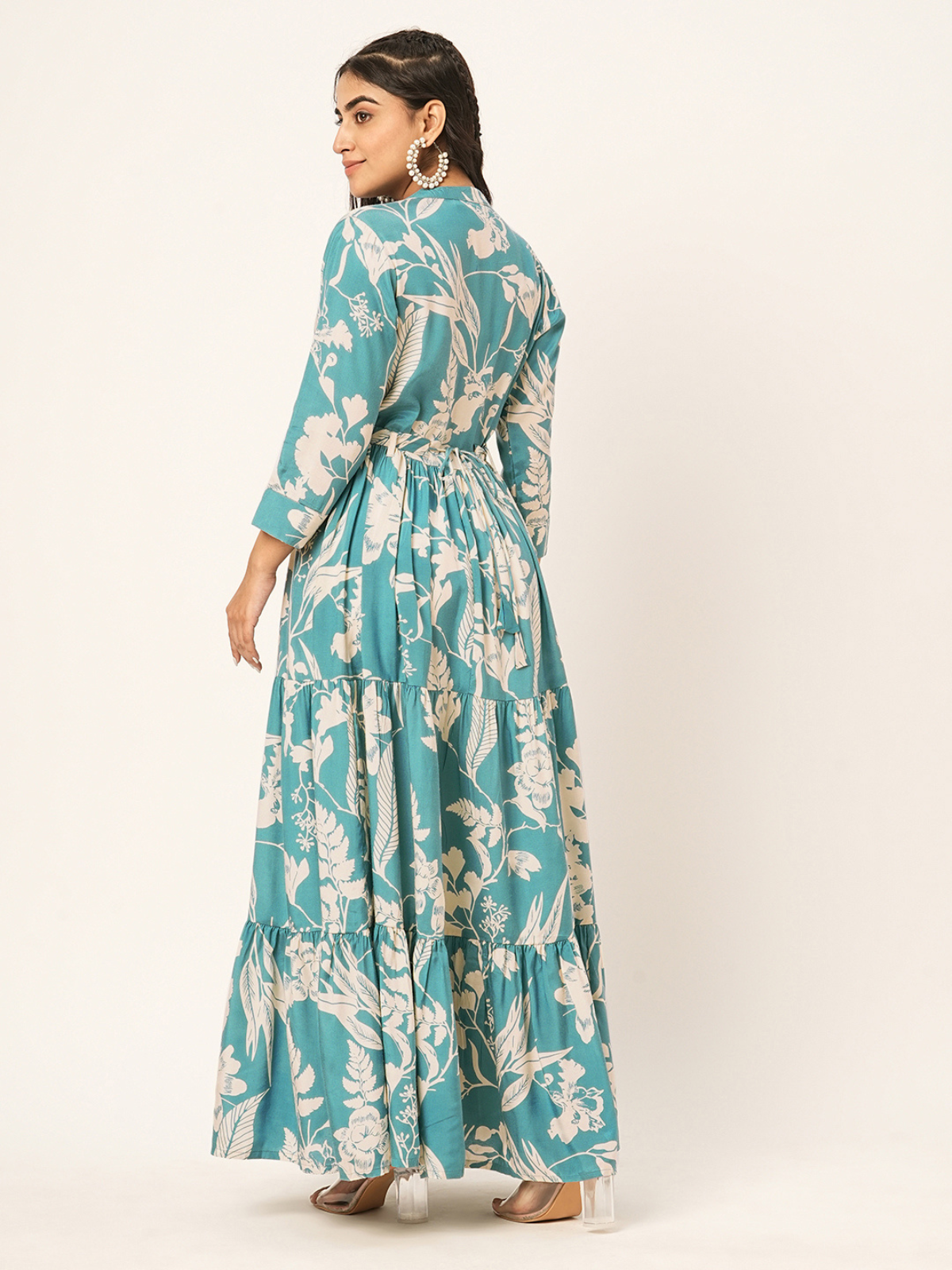 Odette Blue Muslin Printed Indo Western Dress For Women