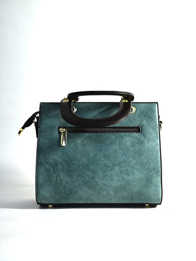 Odette Teal PU Embroidered Hand Bag For Women