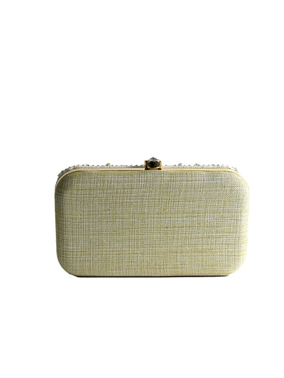 Odette Off White Jute Beads Embellished Clutch For Women