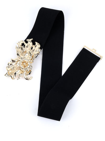 Odette Black And Gold Elastic Embellished Waist Belt for Women