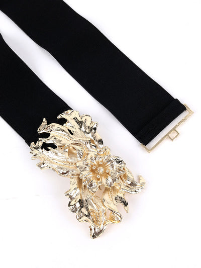 Odette Black And Gold Elastic Embellished Waist Belt for Women