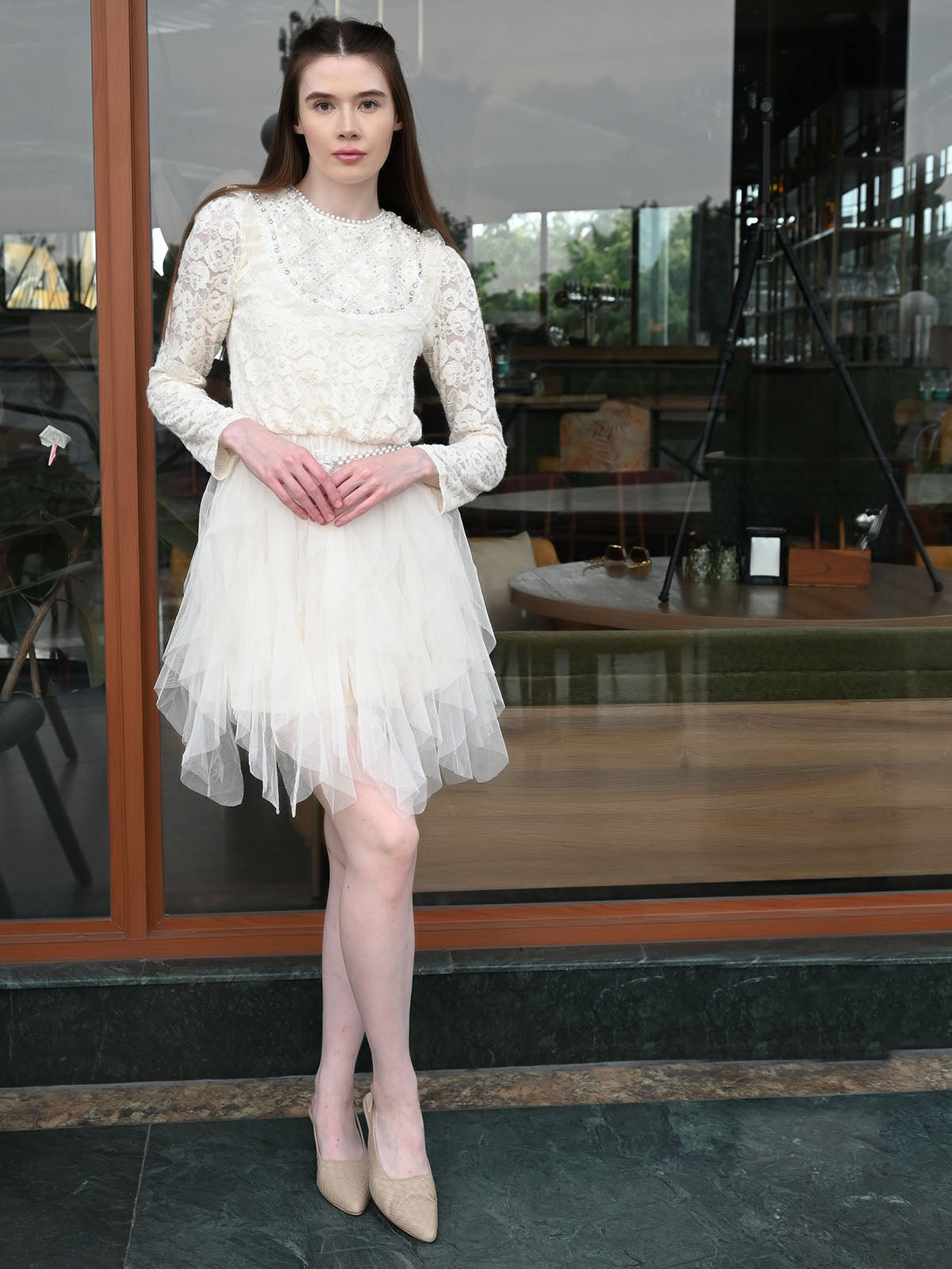 Odette Cream Net Self Design Dress For Women