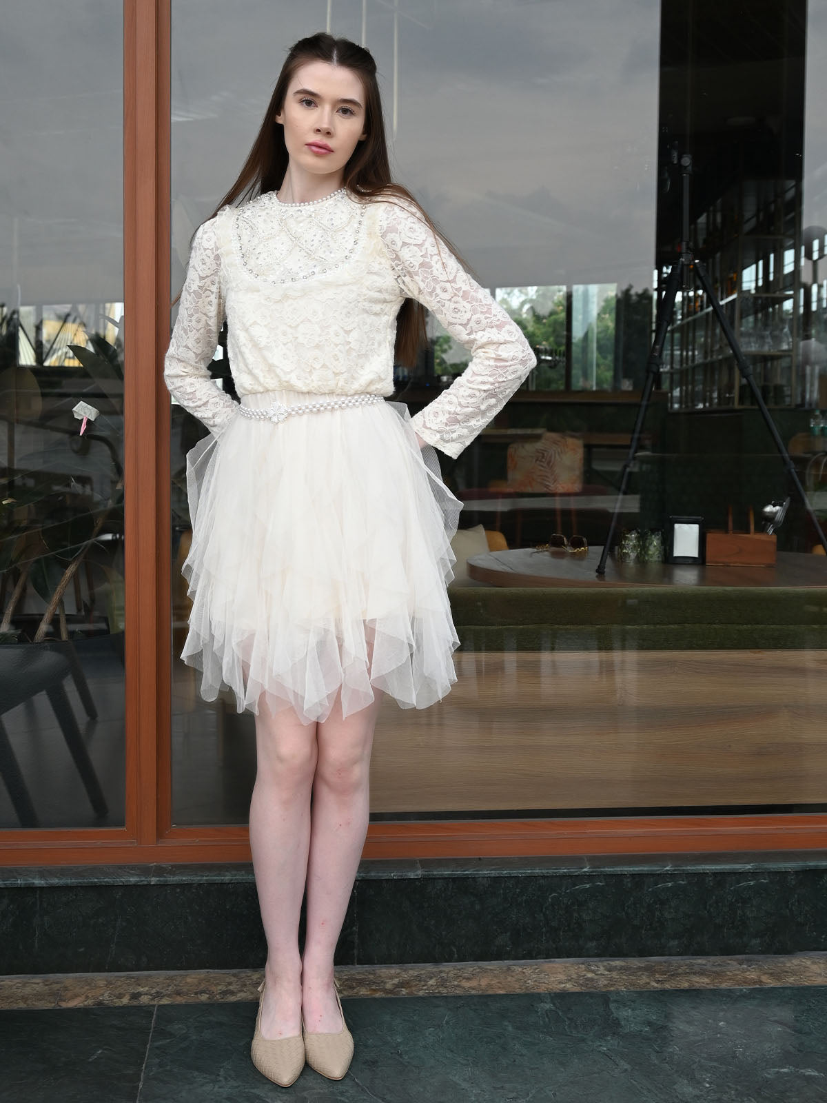 Odette Cream Net Self Design Dress For Women