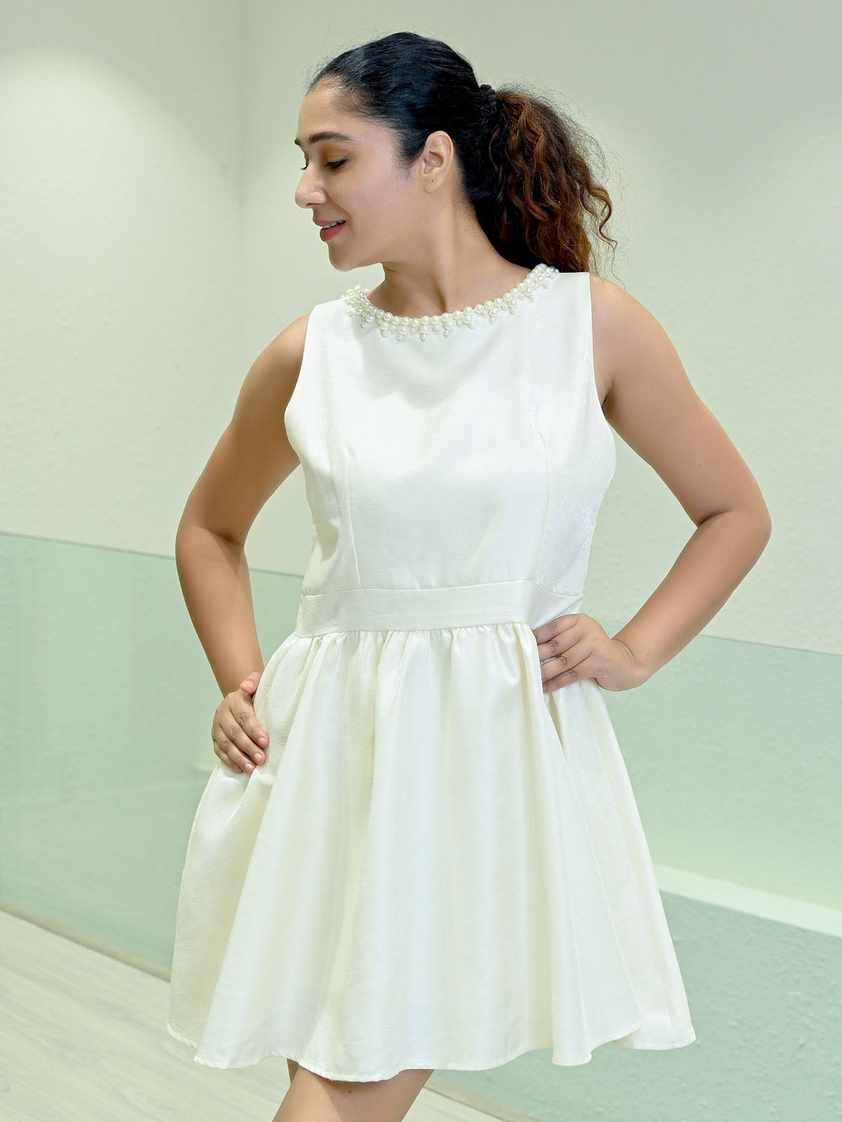 Odette Off White Polyester Blend Solid Dress For Women