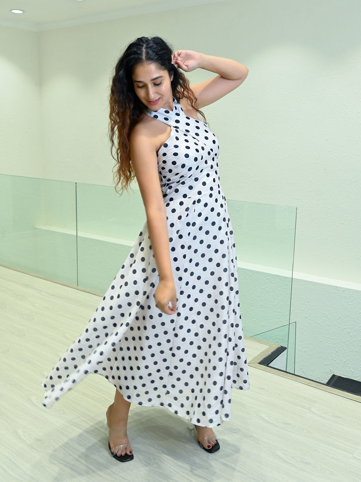 Odette Black And White Cotton Cambric Polka Dot Dress For Women