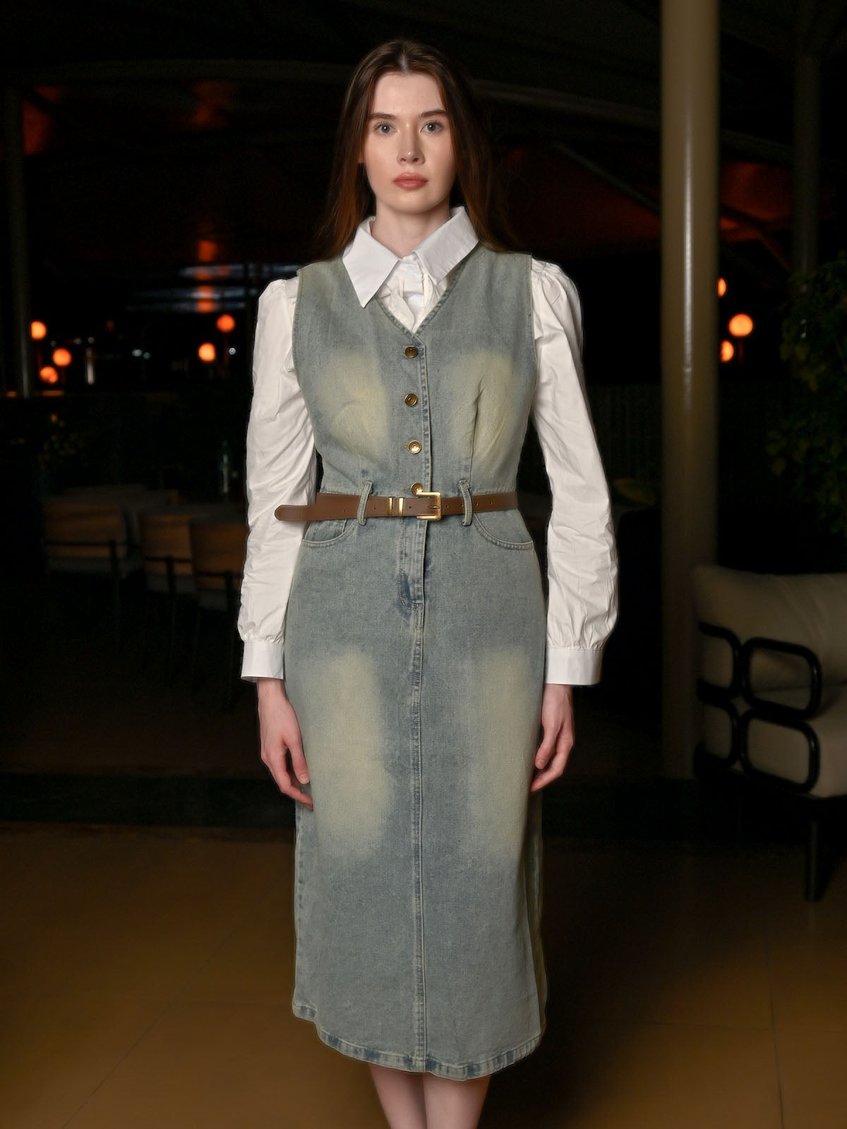 Odette Light Blue Denim Solid Dress For Women