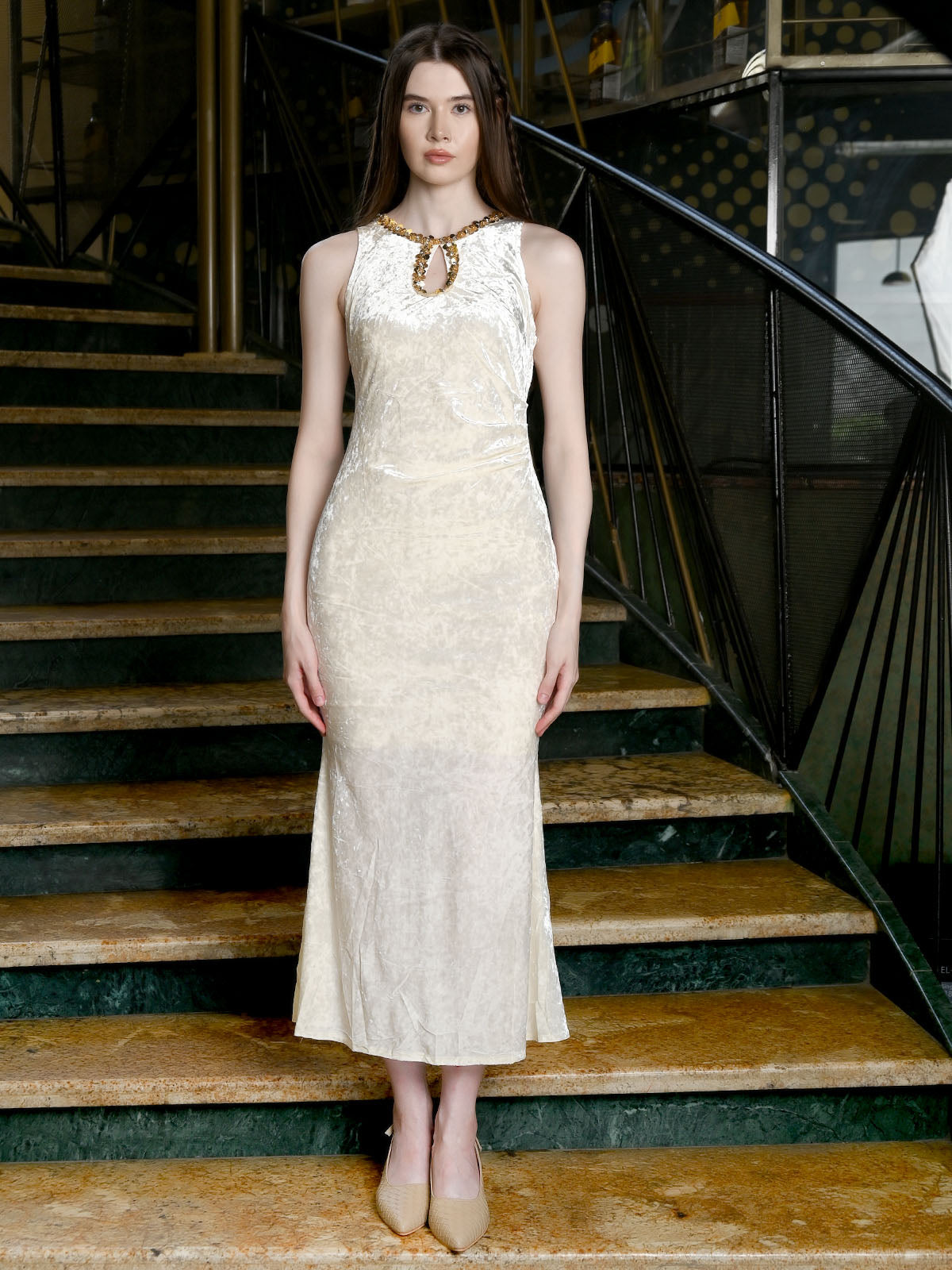 Odette Off White Velvet Solid Dress For Women