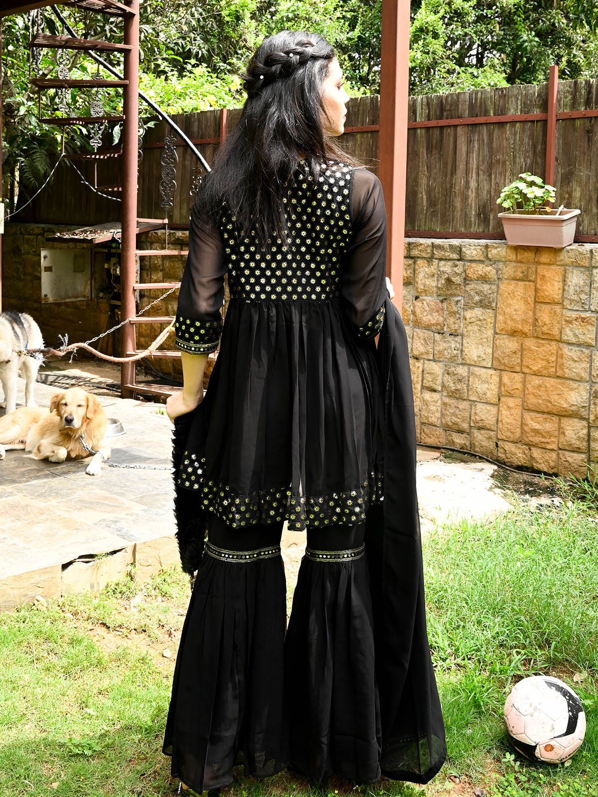 Odette Women Black Georgette Indo-Western Stitched Dress