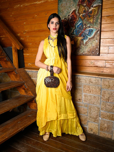 Odette Women Yellow Crepe Indo-Western Dress