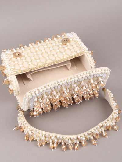 Odette Off White Tassels Embellished Clutch For Women