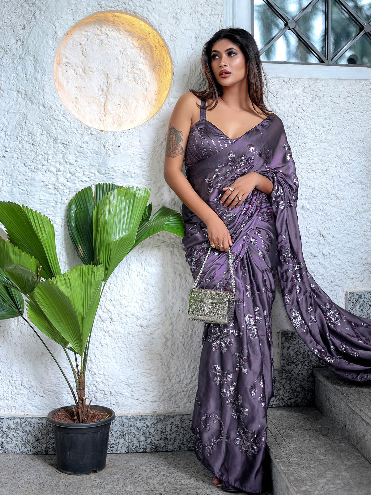 Odette Women Purple Sequin Saree With Unstitched Blouse
