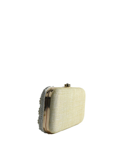 Odette Off White Jute Beads Embellished Clutch For Women