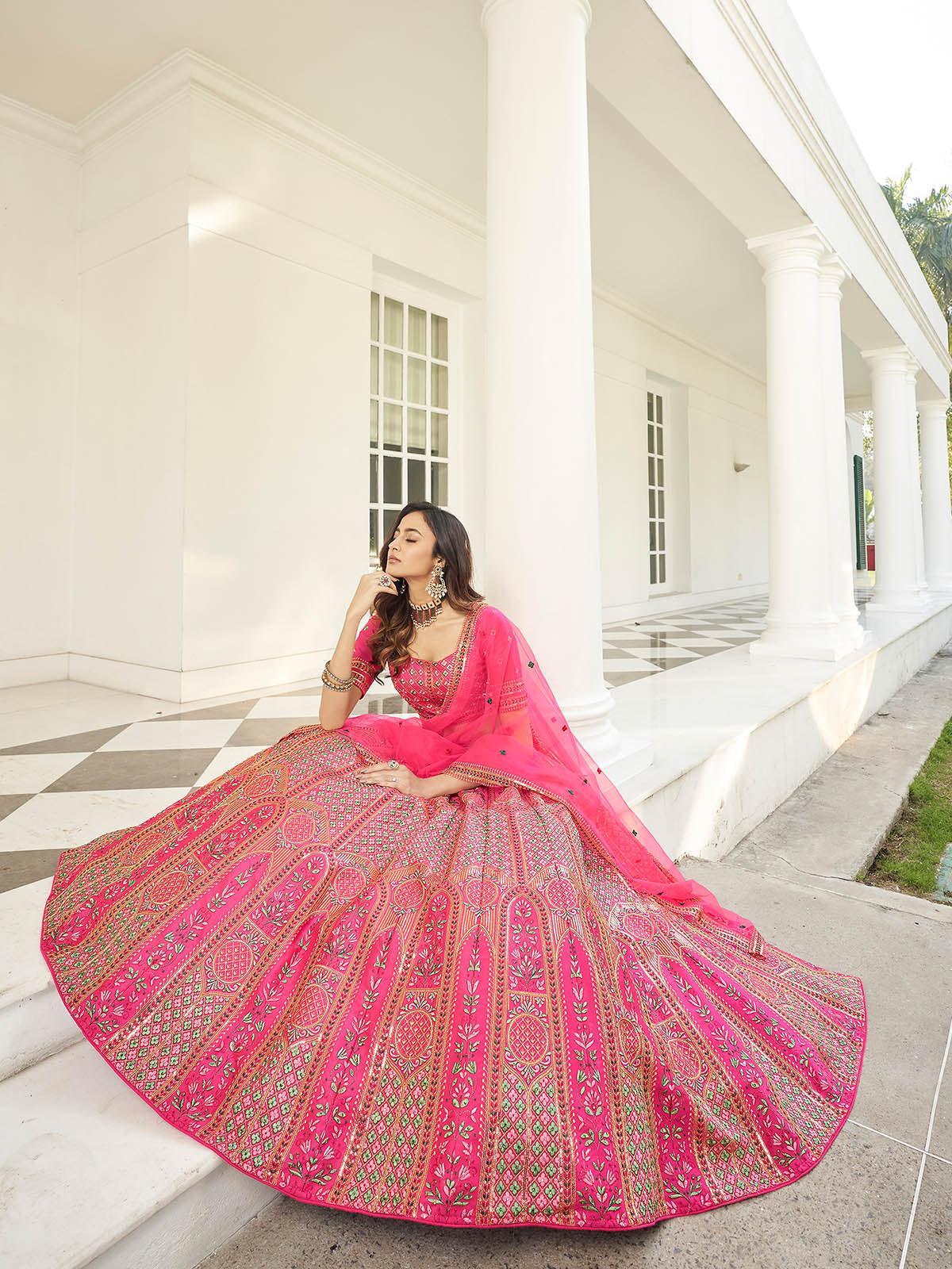 Stylish Deep Pink Silk Lehenga Set - Odette