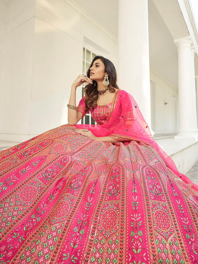 Stylish Deep Pink Silk Lehenga Set - Odette