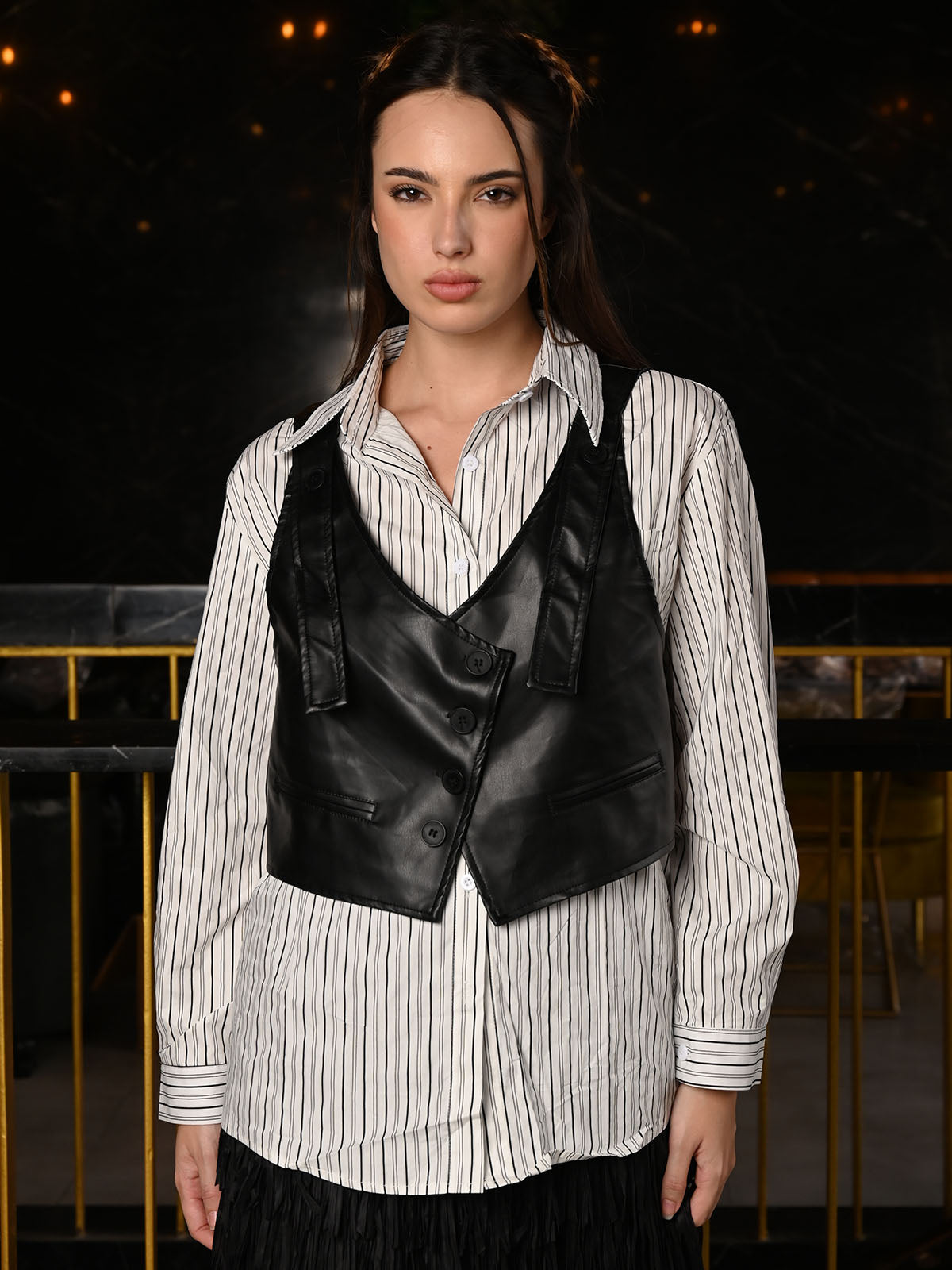 Odette Black And White Cotton Striped Shirt With PU Waist Coat For Women