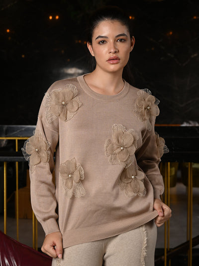 Odette Beige Polyester Rib Knitted Applique Sweater Top For Women