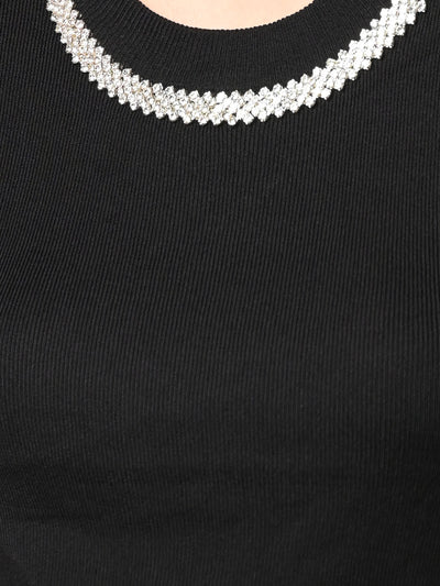 Odette Black Ribbed Polyester Embellished Top For Women