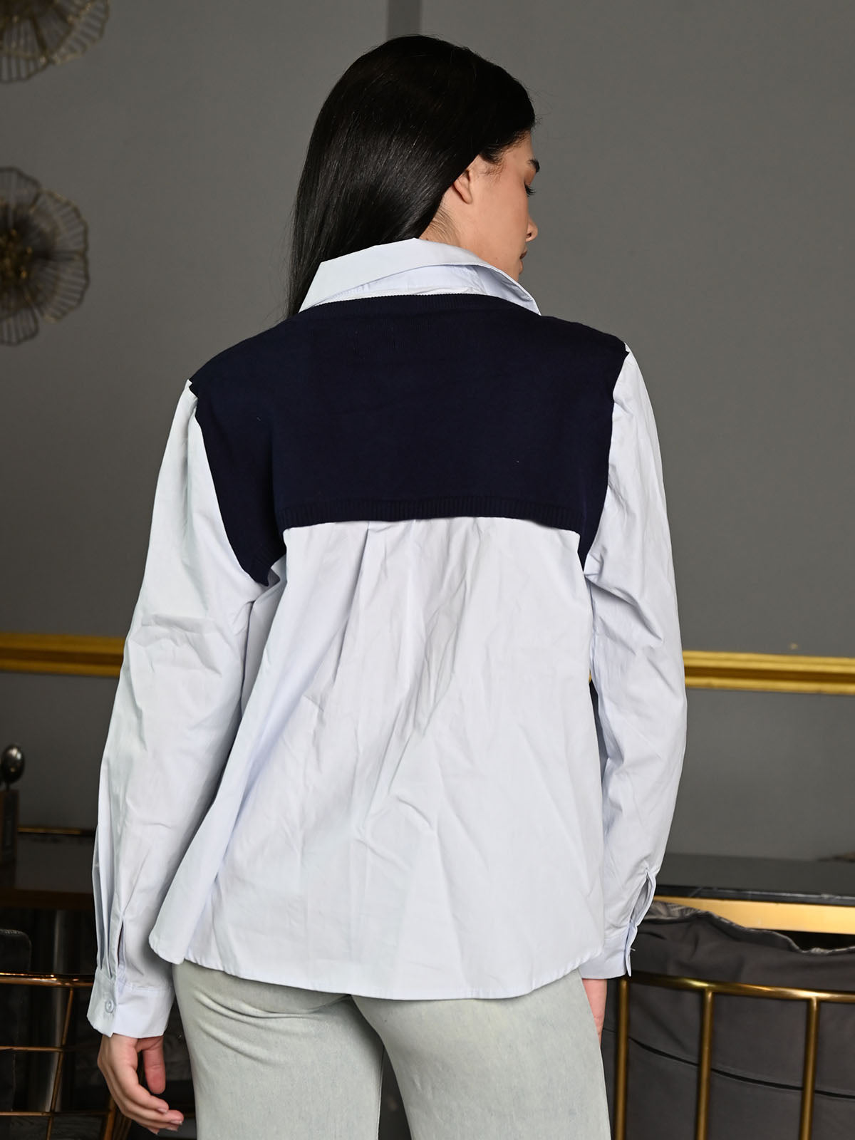 Odette Blue Cotton Shirt Rib Outer Solid Tie Up Top For Women