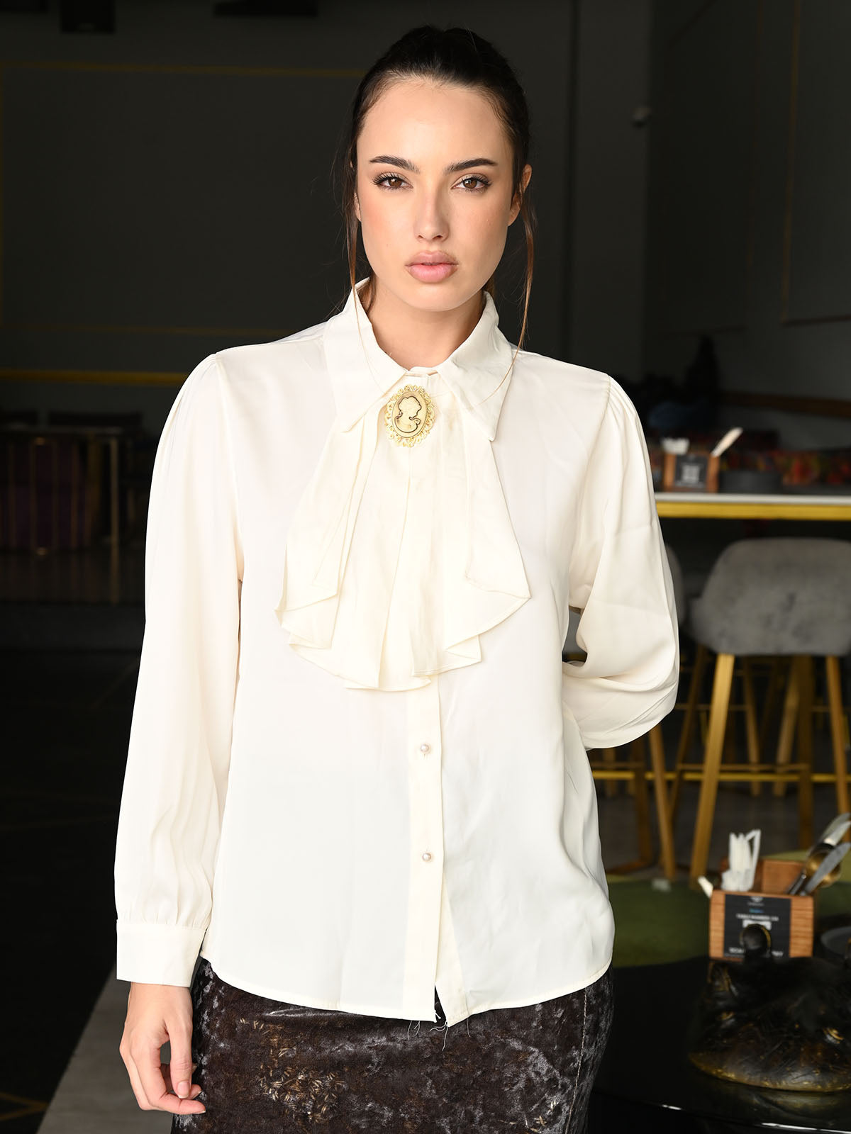 Odette Off White Satin Patterned Full Sleeves Shirt Top For Women