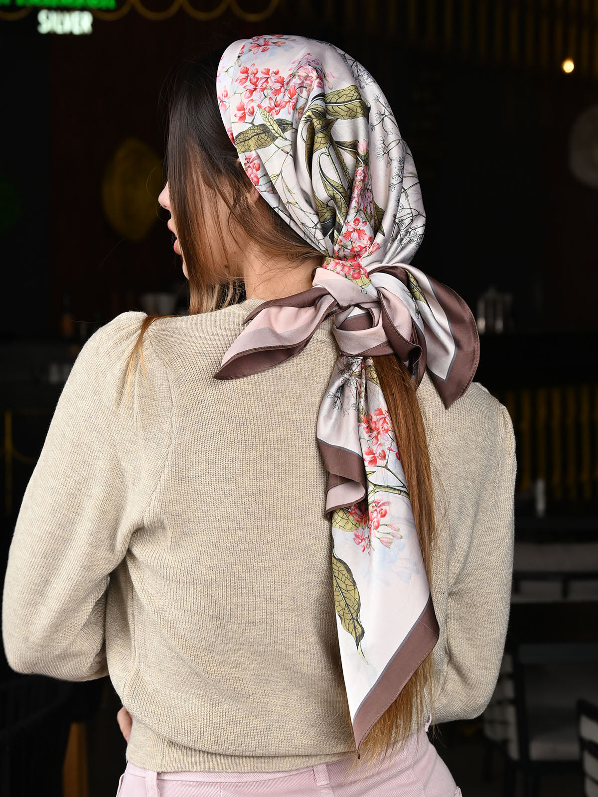 Odette Beige Satin Printed Scarf For Women