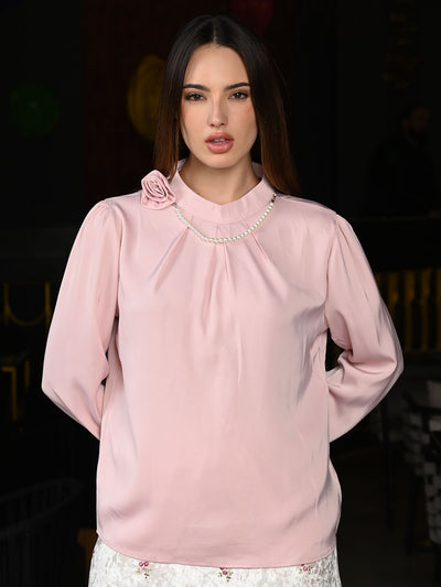 Odette Pink Satin Patterned Full Sleeves Top For Women