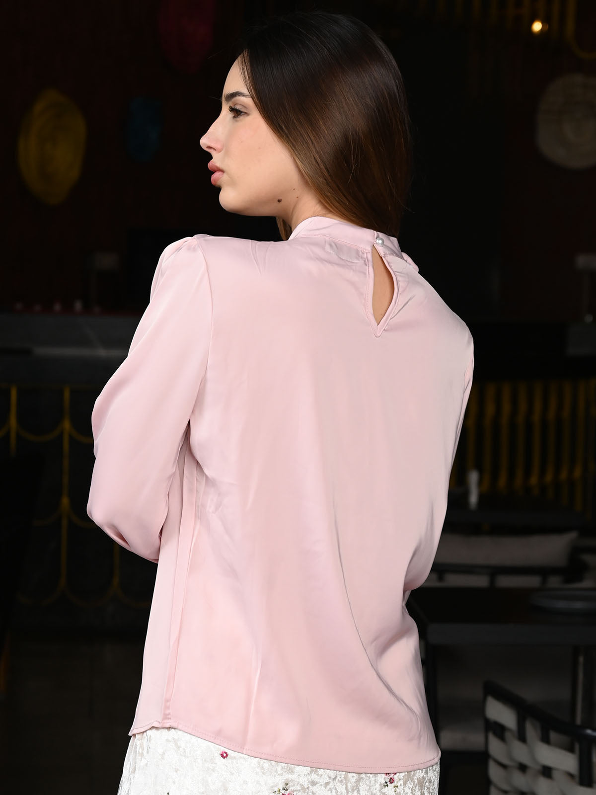 Odette Pink Satin Patterned Full Sleeves Top For Women