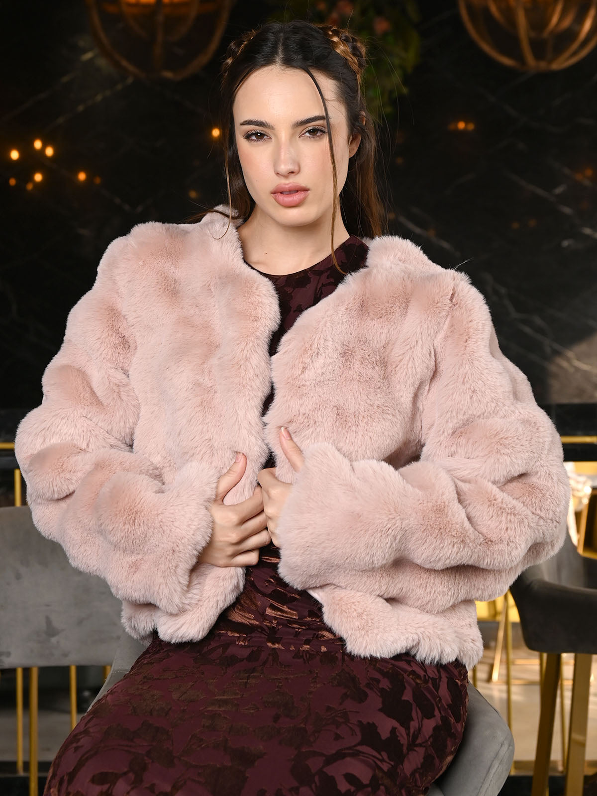 Odette Light Pink Faux Fur Solid Jacket For Women