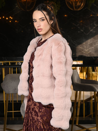 Odette Light Pink Faux Fur Solid Jacket For Women