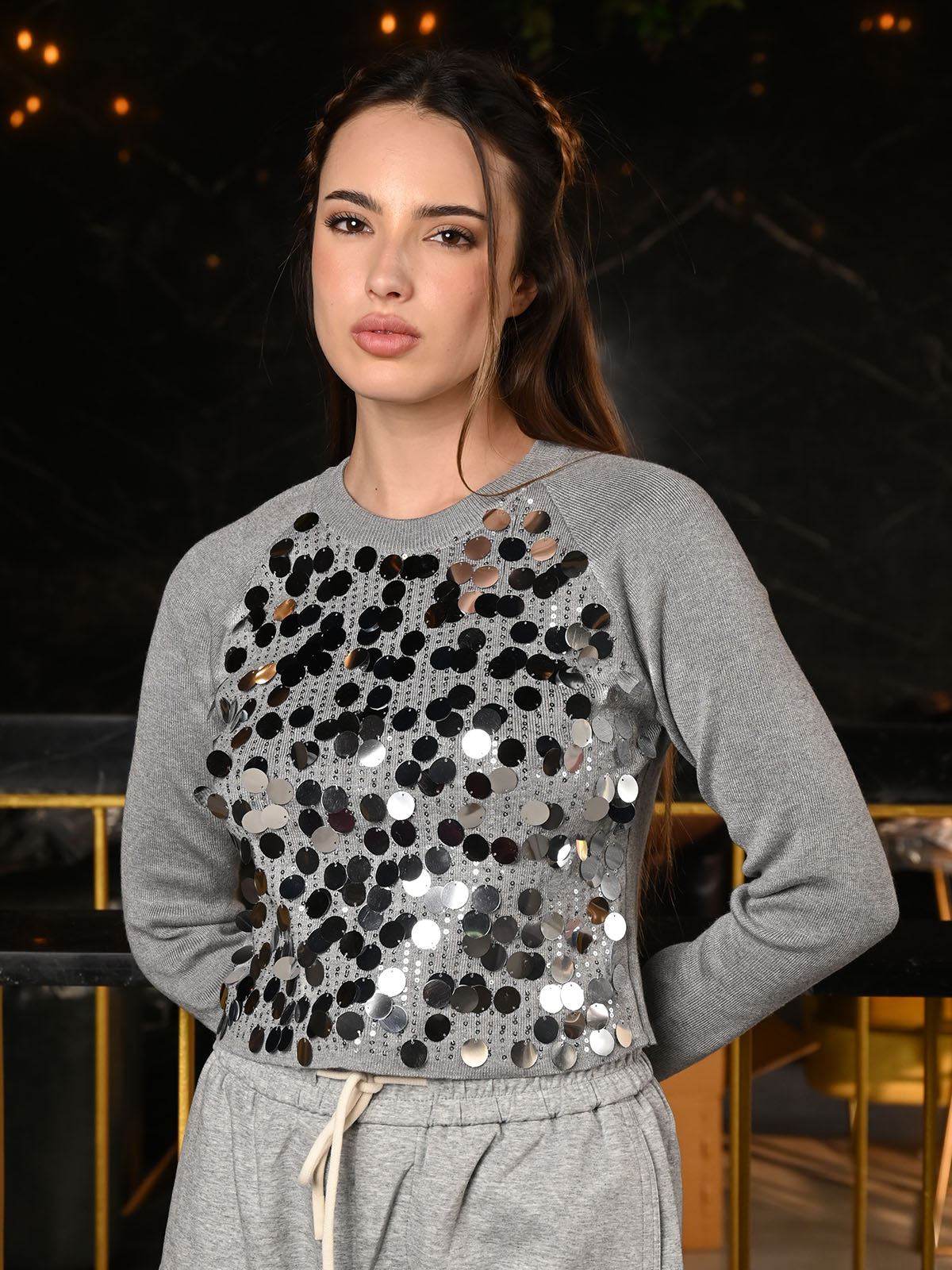 Odette Grey Ribbed Jersey Embellished Full Sleeves Top For Women