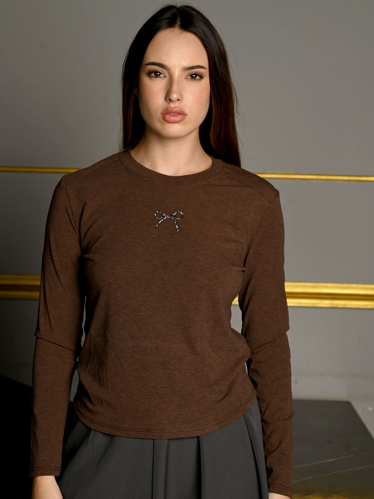 Odette Brown Jersey Solid Top For Women